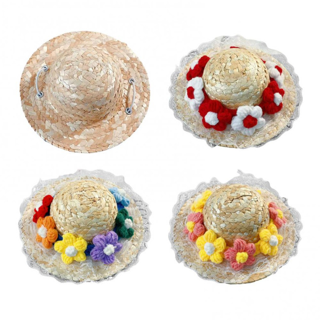 Pet Sombrero Straw Hat Mini Dog Sun Protection Hat with Flower Adjustable Hawaii Sun Bucket Cap Summer Beach Hat for Small Medium Dogs Cats