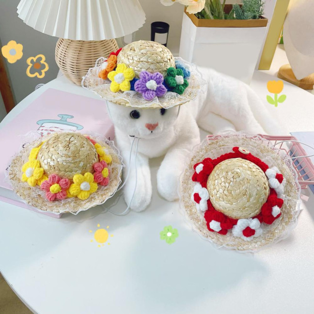 Pet Sombrero Straw Hat Mini Dog Sun Protection Hat with Flower Adjustable Hawaii Sun Bucket Cap Summer Beach Hat for Small Medium Dogs Cats