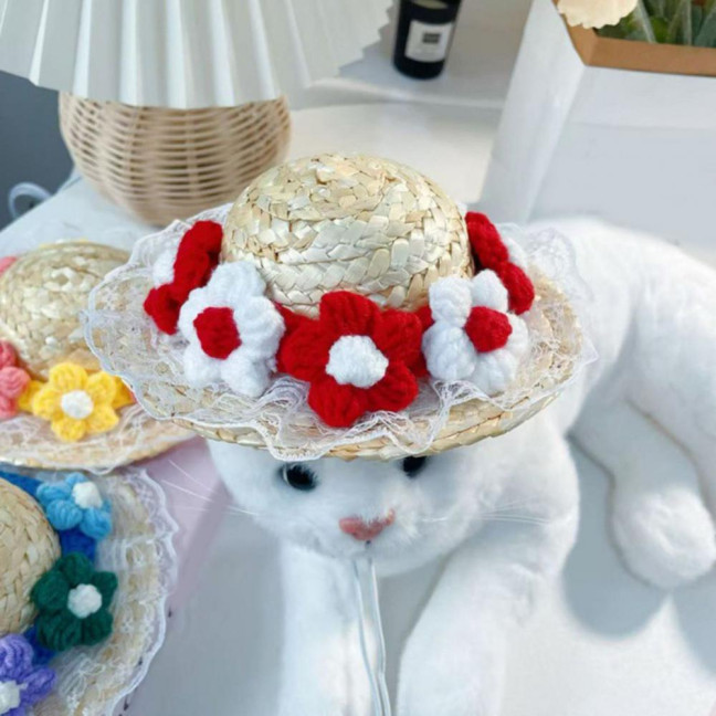 Pet Sombrero Straw Hat Mini Dog Sun Protection Hat with Flower Adjustable Hawaii Sun Bucket Cap Summer Beach Hat for Small Medium Dogs Cats
