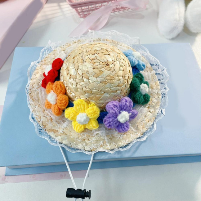 Pet Sombrero Straw Hat Mini Dog Sun Protection Hat with Flower Adjustable Hawaii Sun Bucket Cap Summer Beach Hat for Small Medium Dogs Cats