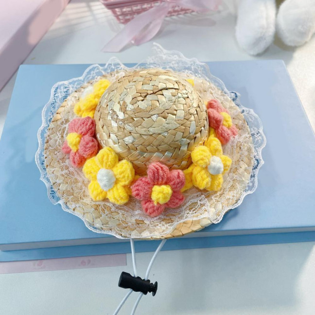 Pet Sombrero Straw Hat Mini Dog Sun Protection Hat with Flower Adjustable Hawaii Sun Bucket Cap Summer Beach Hat for Small Medium Dogs Cats