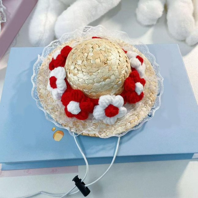 Pet Sombrero Straw Hat Mini Dog Sun Protection Hat with Flower Adjustable Hawaii Sun Bucket Cap Summer Beach Hat for Small Medium Dogs Cats