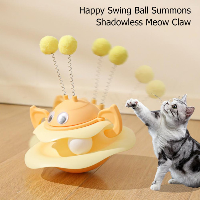 Cat Ball Track Toy Interactive Bee Shaped Cat Tower with Roller Ball Turntable Tumbler Cat Toy with Spring Pompom Ball for Indoor Cats