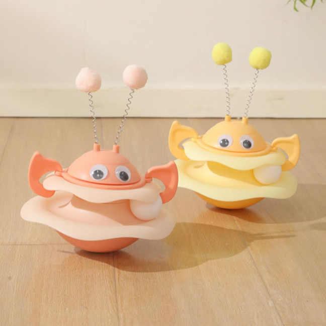 Cat Ball Track Toy Interactive Bee Shaped Cat Tower with Roller Ball Turntable Tumbler Cat Toy with Spring Pompom Ball for Indoor Cats