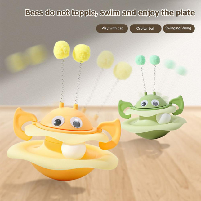 Cat Ball Track Toy Interactive Bee Shaped Cat Tower with Roller Ball Turntable Tumbler Cat Toy with Spring Pompom Ball for Indoor Cats