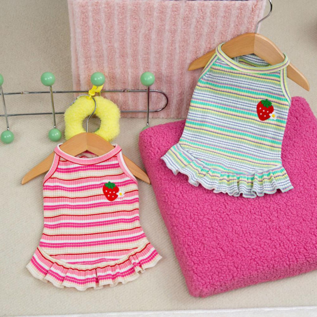 Summer Dog Dress Puppy Sleeveless Striped Strawberry T-Shirt Tutu Skirt Pet Princess Outfit for Small Medium Cat Dog