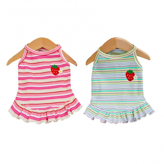 Summer Dog Dress Puppy Sleeveless Striped Strawberry T-Shirt Tutu Skirt Pet Princess Outfit for Small Medium Cat Dog