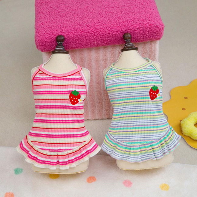 Summer Dog Dress Puppy Sleeveless Striped Strawberry T-Shirt Tutu Skirt Pet Princess Outfit for Small Medium Cat Dog