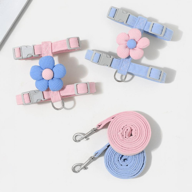 Cat Harness Leash Collar Set for Walking Adjustable Double Layer Pet Harness with Flower Decor Escape Proof Pet Collar Leash for Small Medium Cats Dogs