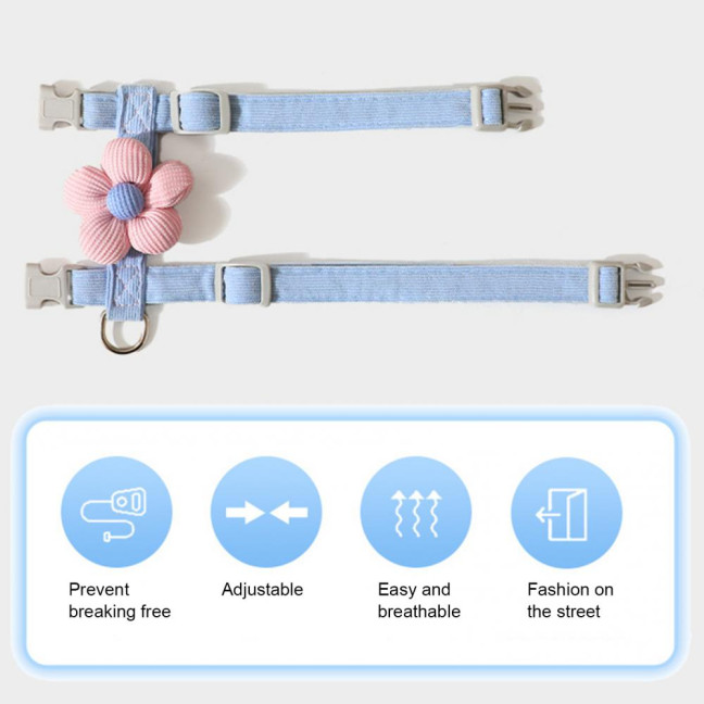 Cat Harness Leash Collar Set for Walking Adjustable Double Layer Pet Harness with Flower Decor Escape Proof Pet Collar Leash for Small Medium Cats Dogs