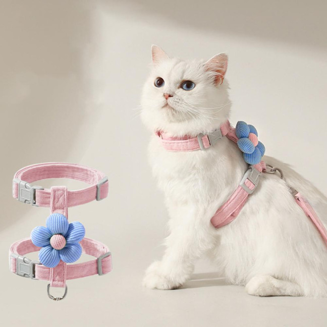 Cat Harness Leash Collar Set for Walking Adjustable Double Layer Pet Harness with Flower Decor Escape Proof Pet Collar Leash for Small Medium Cats Dogs