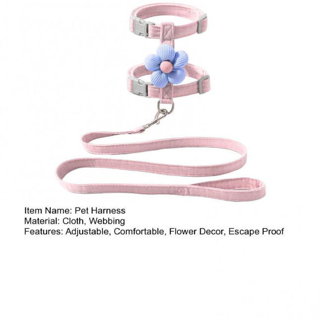 Cat Harness Leash Collar Set for Walking Adjustable Double Layer Pet Harness with Flower Decor Escape Proof Pet Collar Leash for Small Medium Cats Dogs