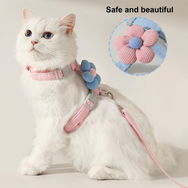 Cat Harness Leash Collar Set for Walking Adjustable Double Layer Pet Harness with Flower Decor Escape Proof Pet Collar Leash for Small Medium Cats Dogs