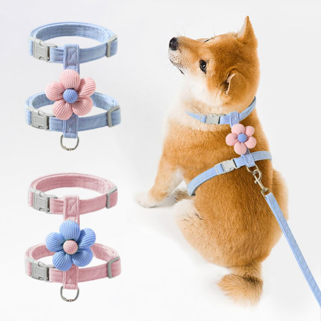 Cat Harness Leash Collar Set for Walking Adjustable Double Layer Pet Harness with Flower Decor Escape Proof Pet Collar Leash for Small Medium Cats Dogs