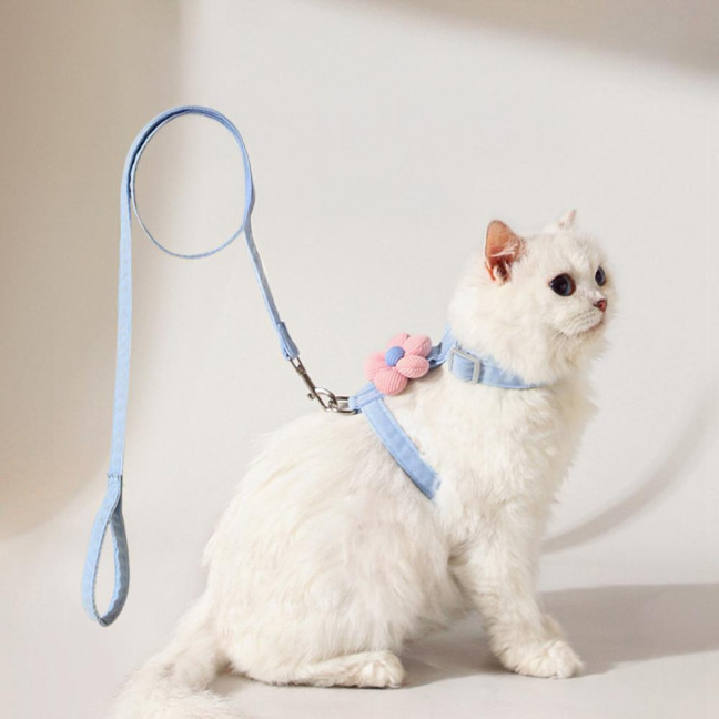Cat Harness Leash Collar Set for Walking Adjustable Double Layer Pet Harness with Flower Decor Escape Proof Pet Collar Leash for Small Medium Cats Dogs