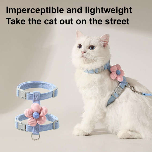 Cat Harness Leash Collar Set for Walking Adjustable Double Layer Pet Harness with Flower Decor Escape Proof Pet Collar Leash for Small Medium Cats Dogs