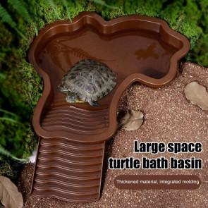Tortoise Water Bowl with Ramp 2-in-1 Large Reptile Feeding Dish Bathing Pool Aquarium Ornament for Lizard Gecko Turtle Snake Bearded Dragon 