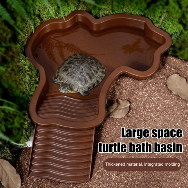 Tortoise Water Bowl with Ramp 2-in-1 Large Reptile Feeding Dish Bathing Pool Aquarium Ornament for Lizard Gecko Turtle Snake Bearded Dragon 