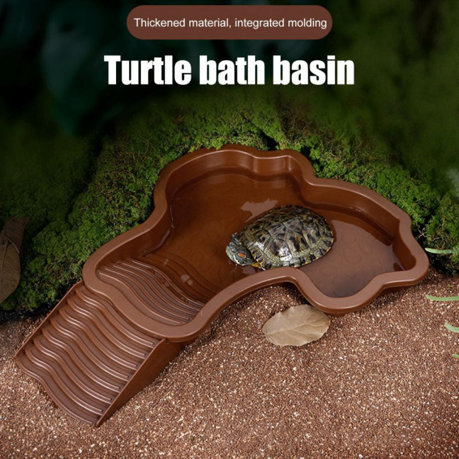 Tortoise Water Bowl with Ramp 2-in-1 Large Reptile Feeding Dish Bathing Pool Aquarium Ornament for Lizard Gecko Turtle Snake Bearded Dragon 