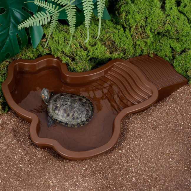 Tortoise Water Bowl with Ramp 2-in-1 Large Reptile Feeding Dish Bathing Pool Aquarium Ornament for Lizard Gecko Turtle Snake Bearded Dragon 