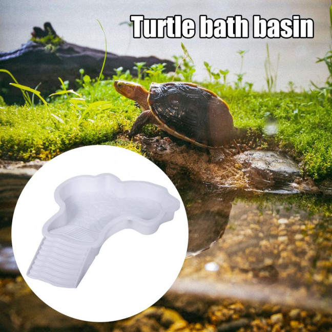 Tortoise Water Bowl with Ramp 2-in-1 Large Reptile Feeding Dish Bathing Pool Aquarium Ornament for Lizard Gecko Turtle Snake Bearded Dragon 