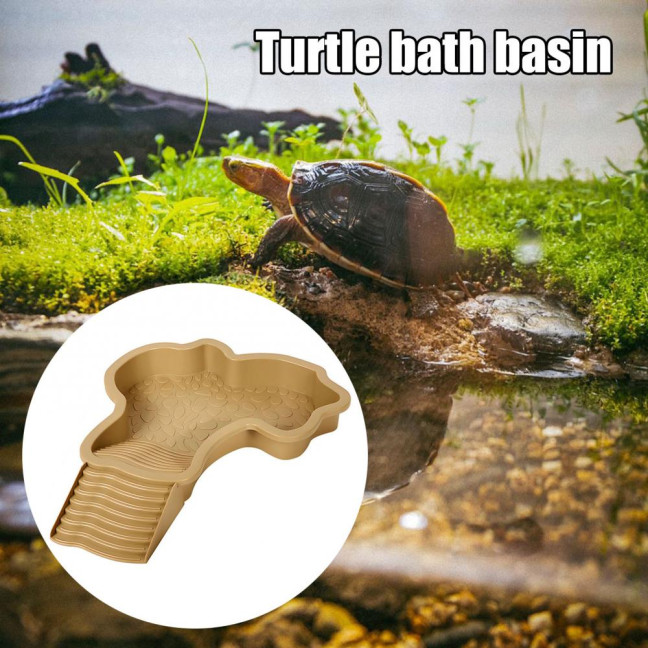 Tortoise Water Bowl with Ramp 2-in-1 Large Reptile Feeding Dish Bathing Pool Aquarium Ornament for Lizard Gecko Turtle Snake Bearded Dragon 