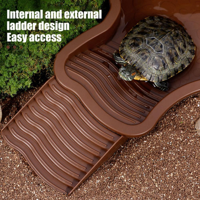 Tortoise Water Bowl with Ramp 2-in-1 Large Reptile Feeding Dish Bathing Pool Aquarium Ornament for Lizard Gecko Turtle Snake Bearded Dragon 