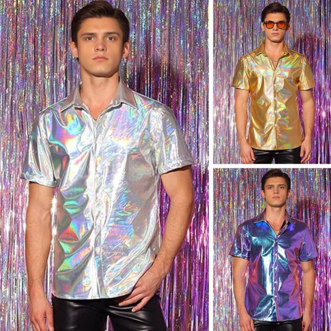 Men's Shiny Metallic Shirt Short Sleeve Lapel Shirt Button-up Sparkling Disco Outfit for Stage Performance Nightclub Dance Party Bar