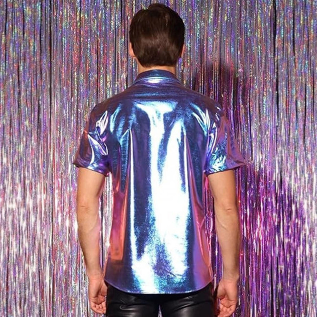 Men's Shiny Metallic Shirt Short Sleeve Lapel Shirt Button-up Sparkling Disco Outfit for Stage Performance Nightclub Dance Party Bar
