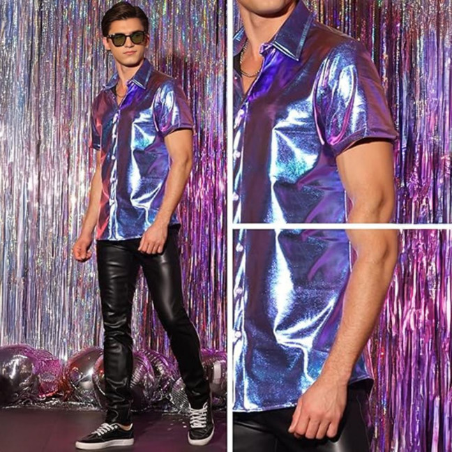 Men's Shiny Metallic Shirt Short Sleeve Lapel Shirt Button-up Sparkling Disco Outfit for Stage Performance Nightclub Dance Party Bar