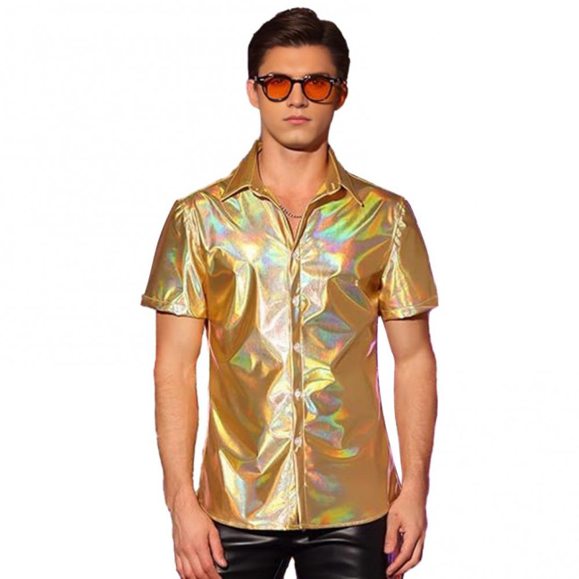 Men's Shiny Metallic Shirt Short Sleeve Lapel Shirt Button-up Sparkling Disco Outfit for Stage Performance Nightclub Dance Party Bar