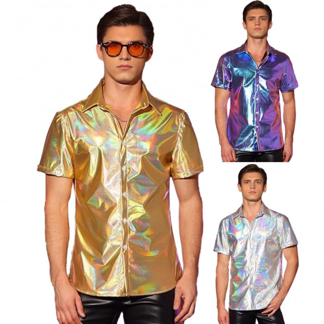 Men's Shiny Metallic Shirt Short Sleeve Lapel Shirt Button-up Sparkling Disco Outfit for Stage Performance Nightclub Dance Party Bar