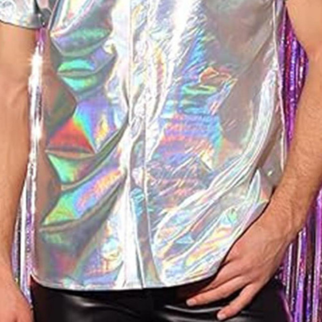 Men's Shiny Metallic Shirt Short Sleeve Lapel Shirt Button-up Sparkling Disco Outfit for Stage Performance Nightclub Dance Party Bar
