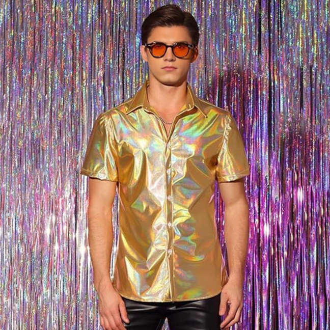Men's Shiny Metallic Shirt Short Sleeve Lapel Shirt Button-up Sparkling Disco Outfit for Stage Performance Nightclub Dance Party Bar