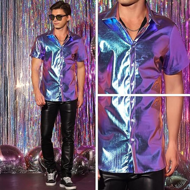 Men's Shiny Metallic Shirt Short Sleeve Lapel Shirt Button-up Sparkling Disco Outfit for Stage Performance Nightclub Dance Party Bar