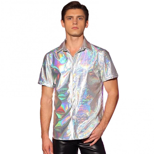 Men's Shiny Metallic Shirt Short Sleeve Lapel Shirt Button-up Sparkling Disco Outfit for Stage Performance Nightclub Dance Party Bar