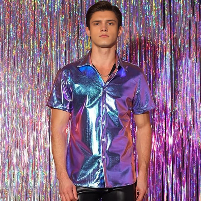 Men's Shiny Metallic Shirt Short Sleeve Lapel Shirt Button-up Sparkling Disco Outfit for Stage Performance Nightclub Dance Party Bar