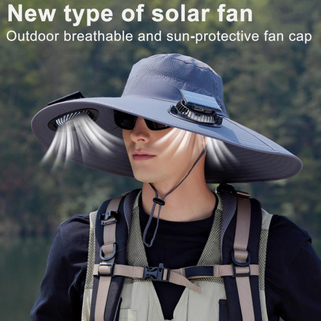 Fan Hat Wide-Brimmed Outdoor Hat with Dual-Power Solar Fan Design 3 Gear Adjustable Speed Hiking Cycling Fishing Hat