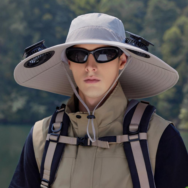 Fan Hat Wide-Brimmed Outdoor Hat with Dual-Power Solar Fan Design 3 Gear Adjustable Speed Hiking Cycling Fishing Hat