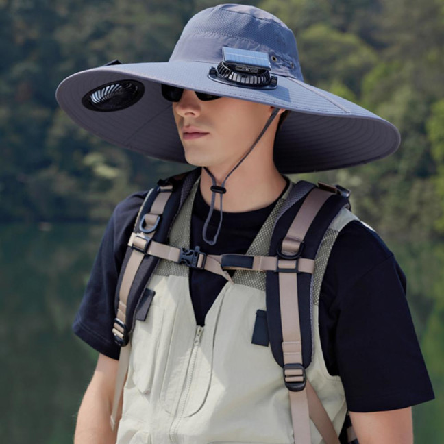 Fan Hat Wide-Brimmed Outdoor Hat with Dual-Power Solar Fan Design 3 Gear Adjustable Speed Hiking Cycling Fishing Hat
