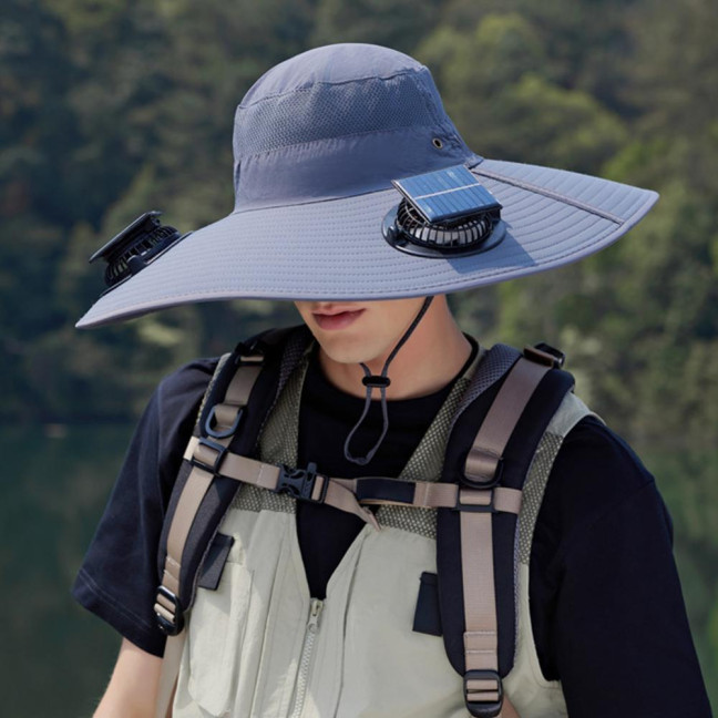 Fan Hat Wide-Brimmed Outdoor Hat with Dual-Power Solar Fan Design 3 Gear Adjustable Speed Hiking Cycling Fishing Hat