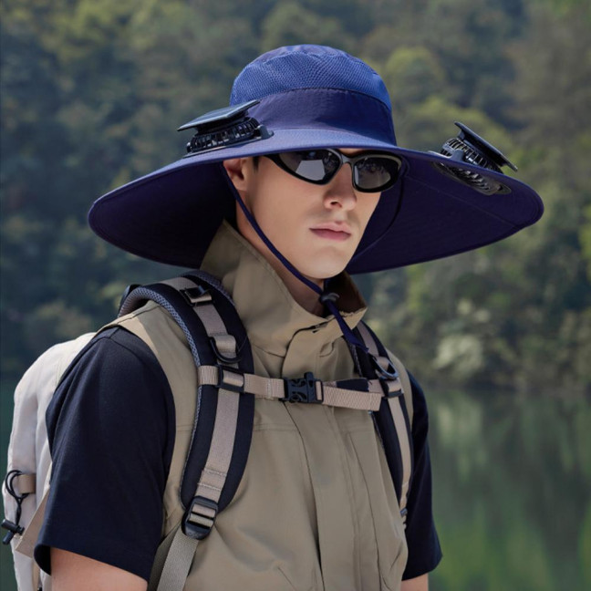 Fan Hat Wide-Brimmed Outdoor Hat with Dual-Power Solar Fan Design 3 Gear Adjustable Speed Hiking Cycling Fishing Hat