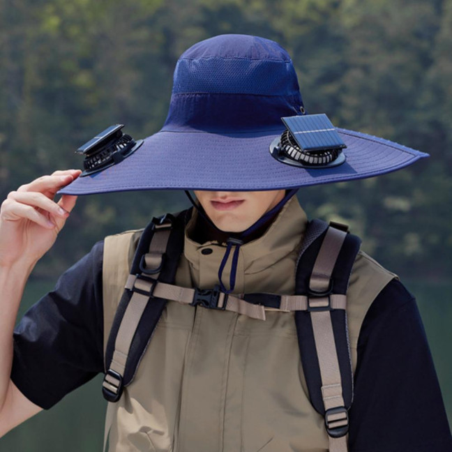 Fan Hat Wide-Brimmed Outdoor Hat with Dual-Power Solar Fan Design 3 Gear Adjustable Speed Hiking Cycling Fishing Hat