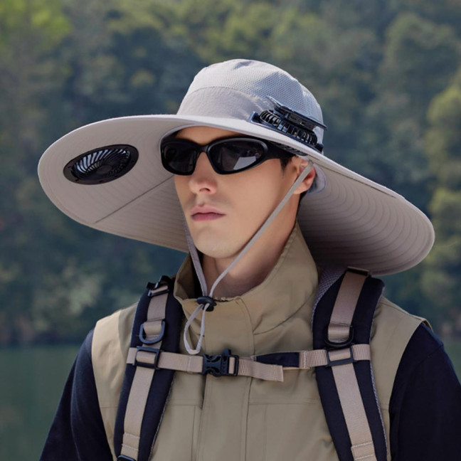 Fan Hat Wide-Brimmed Outdoor Hat with Dual-Power Solar Fan Design 3 Gear Adjustable Speed Hiking Cycling Fishing Hat