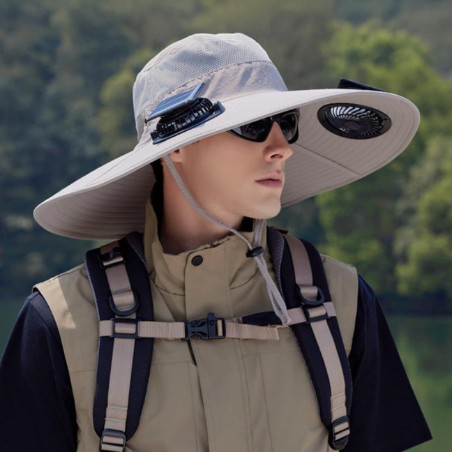 Fan Hat Wide-Brimmed Outdoor Hat with Dual-Power Solar Fan Design 3 Gear Adjustable Speed Hiking Cycling Fishing Hat