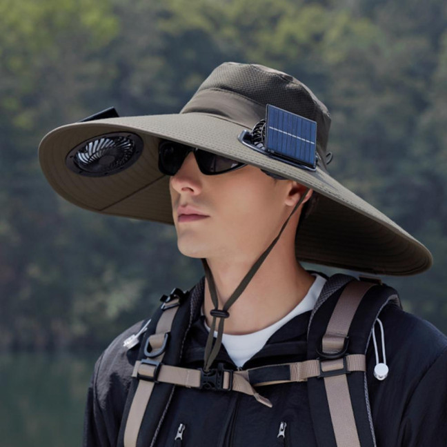 Fan Hat Wide-Brimmed Outdoor Hat with Dual-Power Solar Fan Design 3 Gear Adjustable Speed Hiking Cycling Fishing Hat