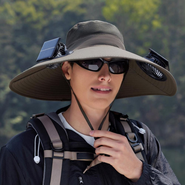 Fan Hat Wide-Brimmed Outdoor Hat with Dual-Power Solar Fan Design 3 Gear Adjustable Speed Hiking Cycling Fishing Hat