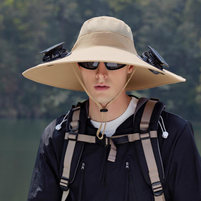Fan Hat Wide-Brimmed Outdoor Hat with Dual-Power Solar Fan Design 3 Gear Adjustable Speed Hiking Cycling Fishing Hat
