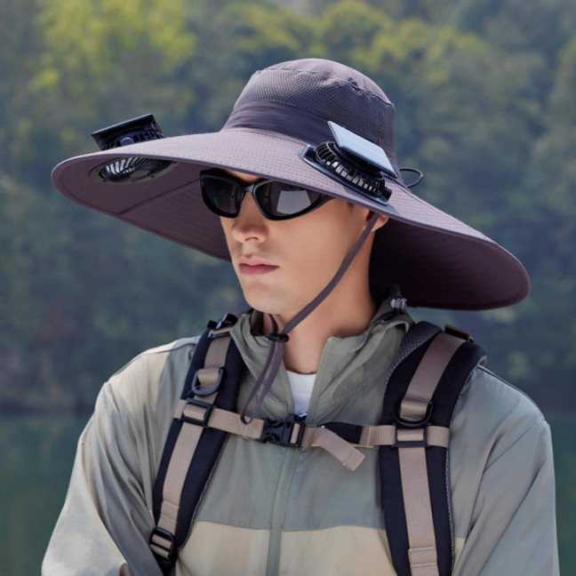 Fan Hat Wide-Brimmed Outdoor Hat with Dual-Power Solar Fan Design 3 Gear Adjustable Speed Hiking Cycling Fishing Hat