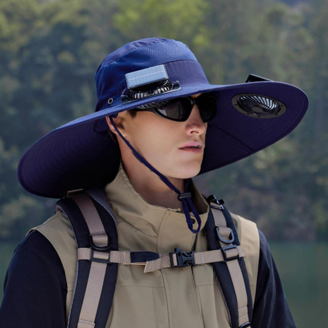 Fan Hat Wide-Brimmed Outdoor Hat with Dual-Power Solar Fan Design 3 Gear Adjustable Speed Hiking Cycling Fishing Hat